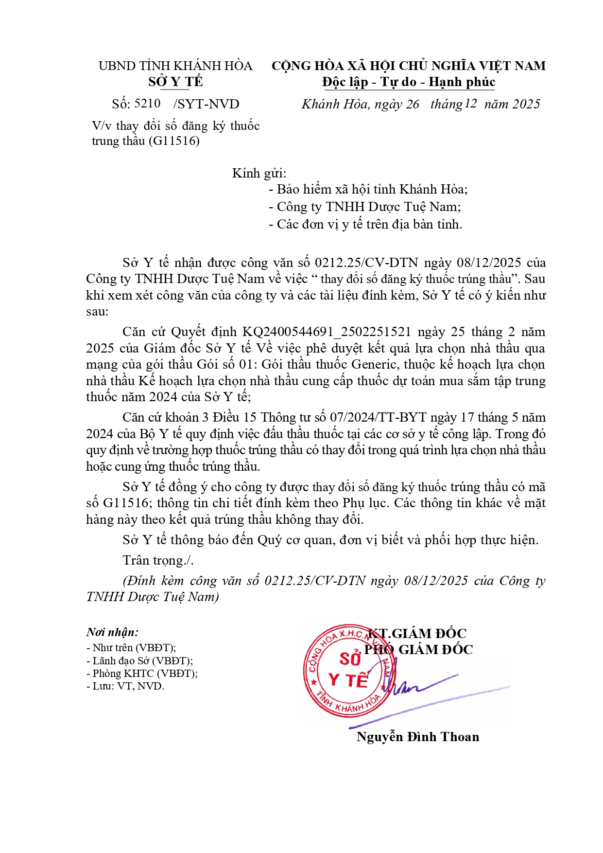 V/v thay đổi số đăng ký thuốc trung thầu (G11516)